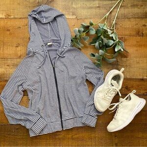 Roxy Navy + White Striped Zip Up Hoodie, Elastic Waistband